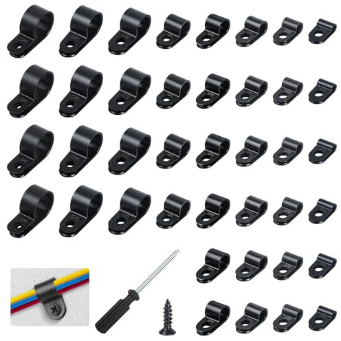 Nadisean 161 Pcs R Type Cable Clips Black with Screws & Screwdriver 8 Sizes Nylon P Clips 1/8 3/16 1/4 5/16 3/8 1/2 5/8 3/4 Wall Cable Clips Outdoor for Electrical Cable Wire Conduit Cable Management