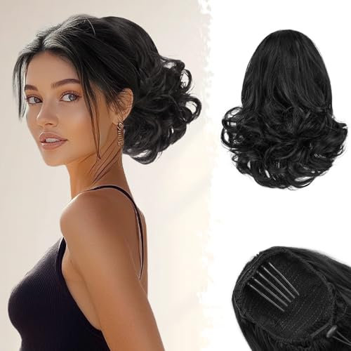 BARSDAR Pferdeschwanz Haarteil mit Kordelzug - 25cm Kurzes Wellige Pferdeschwanz Haarverlängerung Schwarz für Damen Synthetisch Comb Clip in Ponytail Extension Haarteile - Natürliches Schwarz