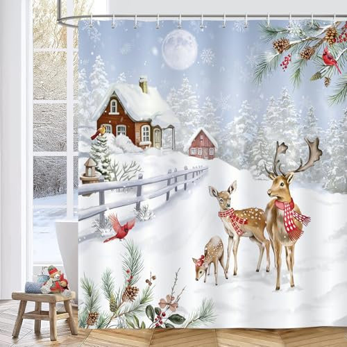 Bonhause Duschvorhang Winter Weihnachten Rentier Wald Kiefern Bauernhaus Duschvorhänge 180 x 180 cm Anti-Schimmel Wasserdicht Polyester Stoff Waschbar Bad Vorhäng für Badzimmer mit 12 Haken