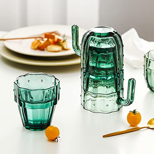 homeguru Glas für Wasser Wein 220ml 4er Set, Wassergläser mit Griff Saft Gläser Stapelbar Durchsichtig Wasserglas, Saftglas Kaktusform kreativ Geschenkset, Trinkgläser Getränkebehälter Grün
