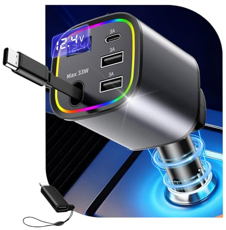 Caricatore Auto USB C 4 in1, AGEMANY 78W Rapido Accendisigari Auto con Cavo Retrattile e Luce RGB, Accendisigari USB Caricatore telefono auto per iPhone Android, Accessori Auto 12V/24V