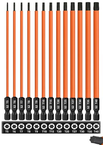 Saipor Lot de 13 embouts Torx de 150 mm de long pour visseuse à percussion, ensemble d'embouts étoile en acier S2 (T5-T40), embout de tournevis Torx magnétique à tige hexagonale de 6,35 mm, ensemble