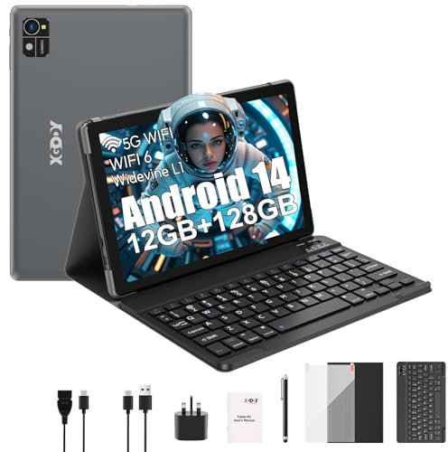 Xgody Tablet 10 Inch Android 14, 128GB ROM(1TB Expansion)+12GB RAM, Octa-Core, 2.4G/5G WIFI, HD IPS Touch Screen, 7000mAh, 5MP+13MP Dual Camera with Keyboard, Stylus, Case (Dark Gray)