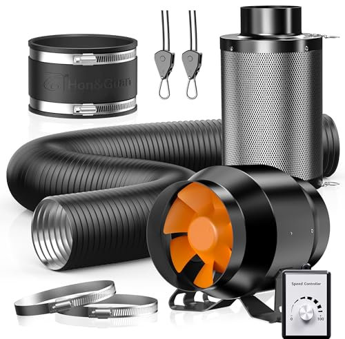 Hon&Guan Abluftset 100mm, Rohrventilator 100mm mit Drehzahlregler, Aktivkohlefilter Grow, Gummikupplung, Rohr Schlauchschellen Set Belüftungssystem für Growzelt Hydroponik Lüftung Growbox 3D Drucker