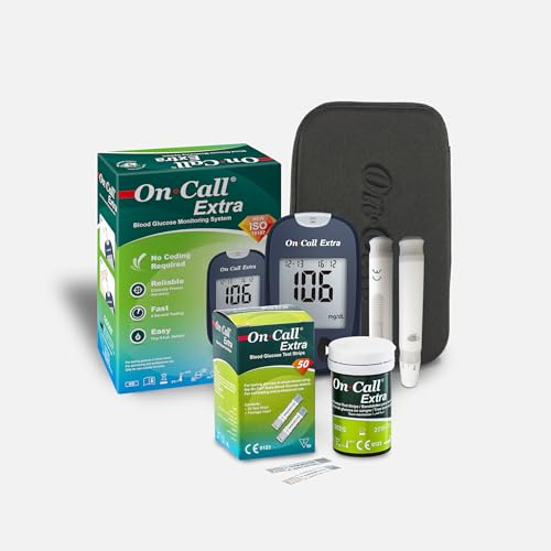On Call Extra Blood Glucose Meter/Blood Sugar Monitor/Blood Sugar Test Kit with Test Strips x 10 & Case for UK Diabetics -in mmol/L