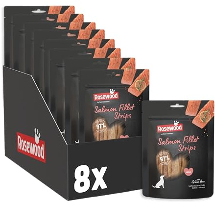 Rosewood Salmon Fillet Strips Large – Weicher Hundesnack mit 97 Prozent Lachs, proteinreich und fettarm, ohne Getreide und Gluten, ohne künstliche Zusatzstoffe (6x150 g)