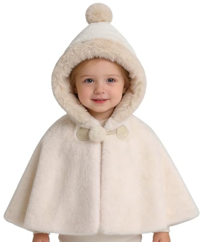 Cape à Capuche Chaude pour Bébé Fille Poncho Cape Coupe-Vent avec Capuche et Pompon Manteau à Capuchon Mignon Poncho Châle Thermique pour Hiver Automne Veste Épais pour Fillette 6-12 Mois