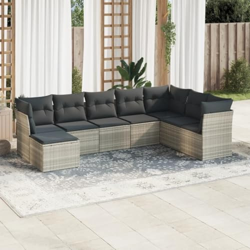 Owoxanthellate Salon de jardin, en polyrotin gris clair, 289 x 179 x 69 cm, modulaire, résistant aux intempéries, avec espace de rangement et coussins lavables, pour terrasse, balcon et patio couvert