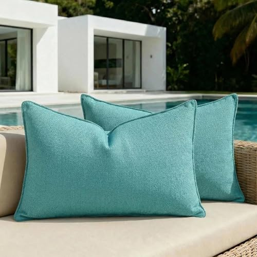 FDTERN 2er Set 30×60 cm Seeblau Wasserabweisend Chenille Outdoor Kissenbezugset Sofakissen Dekorativ Couchkissen Wetterfeste Kissenhülle Zierkissen Bezug Weich für Sofa Couch Garten Balkon