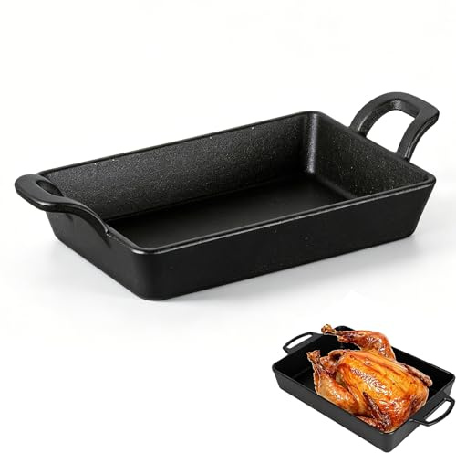Grillpfanne Gusseisen, 24x17 cm Gusseisenpfanne Servierpfanne aus Gusseisen mit Zwei Griffen, Cast Iron Pan Gusspfanne Steakpfanne Rechteckige Pfanne für Gasgrill Induktion Backofen Gas und Kohlegrill