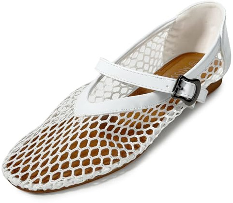 MISSCAI Ballerines Été Femme Mary Jane en Maille Ajourée Chaussures Plates Élégantes avec Bride et Boucle Bout Fermé Ballerines Respirantes pour Bureau Mariage et Casual Blanc 38