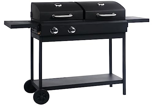 Ordellia Barbecue combinato a gas e carbone con 2 bruciatori, 5,6 kW, griglia 42,5 x 38 cm, acciaio verniciato a polvere, con termometro e ripiani pieghevoli, per balcone, terrazza, giardino