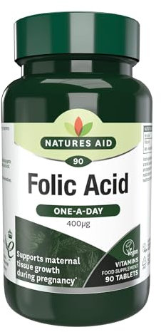 Natures Aid Folic Acid 400mcg – Supports Prenatal Health, Red Blood Cell Formation, DNA Synthesis – Vegan, Non-GMO, Gluten-Free – High Potency Natural Supplement – 90 Tablets