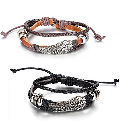 JewelryWe Schmuck 2pcs Engel Flügel Beads Ringe Legierung Leder Armband, Geflochten Herren Damen Lederarmband Armreif, 19,5cm-25,5cm Verstellbare Größe, Schwarz Braun Silber