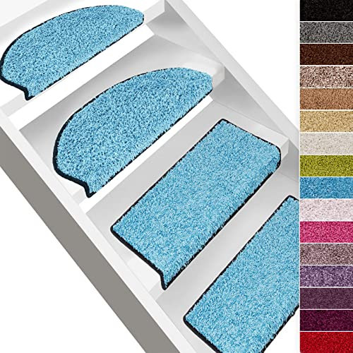 casa pura Shaggy Stufenmatten Barcelona 15 Stück Set, weicher Hochflor Treppen-Teppich, Treppenstufen Matten, selbstklebend | halbrund | 65 x 23,5cm | Hellblau