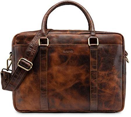 LEABAGS Leder Aktentasche Herren & Damen I Echtleder Laptoptasche bis 16 Zoll I Umhängetasche mit Schultergurt I Schultertasche I Messenger Bag I Arbeitstasche I Lehrertasche I Brown Marble