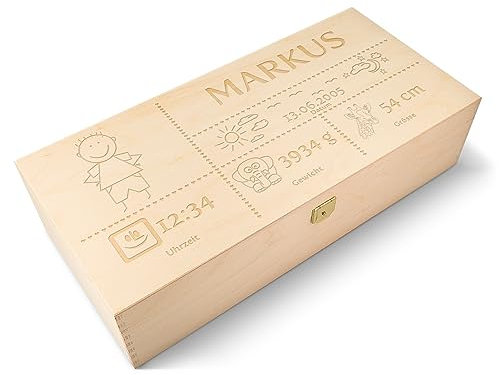 Erinnerungskiste mit Gravur für Babys - Mädchen & Jungen - Holzkiste Personalisiert mit Geburtsdaten - Größe: 32 x 19 x 9 cm - Geschenk zur Geburt Taufe & Geburtstag Motiv: Junge