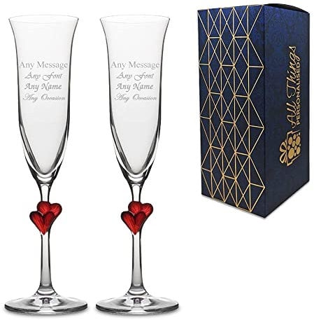Personalised Engraved 2 Lamour Red Heart Champagne Flutes Gift Box Wedding Anniversary Christmas