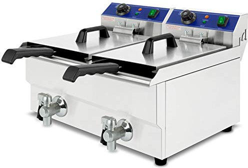 VERTES Friggitrice in acciaio inox 2x 17L, 6000W, 230V, principio della zona fredda, temperatura regolabile in continuo 50-200°C, rubinetto di scarico, 2 cestelli per frittura, pulsante di reset