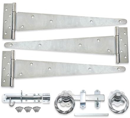 Infinity Decor Heavy Duty 18” Tee Hinges (3) Twisted Ring Gate Latch, Brenton Bolt Pack Galvanized Zinc Garden Gate Hanging Kit - for Wooden Barn, Shed Doors