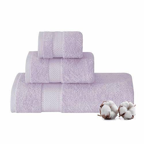 TEXTILOM 3-teiliges Badetuch-Set, 100 % türkische Baumwolle, luxuriöse Badetücher für Badezimmer, weiche und saugfähige Badetücher (1 Badetuch, 1 Handtuch, 1 Waschlappen), Flieder