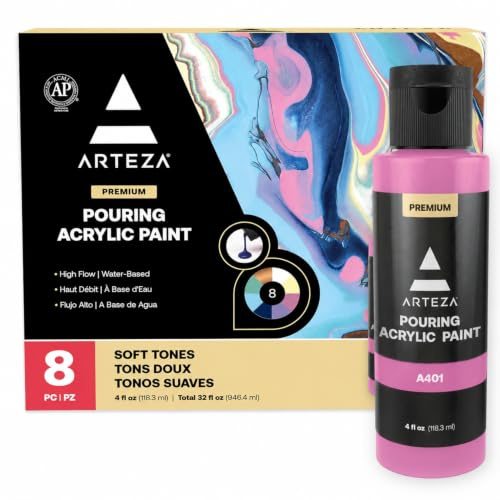 ARTEZA Set de peinture acrylique à verser, bouteilles de 120 ml, set de 8 couleurs pastel, pas de mélange nécessaire, peinture à verser : Toile, verre, papier, bois, carrelage et pierres