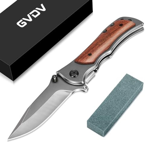 GVDV Klappmesser mit Spitzer und Nylontasche, Taschenmesser mit Silber Beschichteter, Titanbeschichtete Outdoormesser mit Holzgriff, Survival Messer mit Sicherheitsschloss für Jagd, Angeln