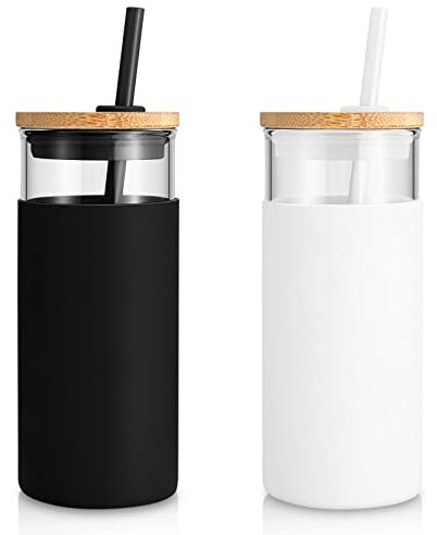 tronco Glas-Trinkflasche, Trinkhalm, Silikon, Schutzhülle, Bambusdeckel, BPA-frei, 590 ml, Weiß/Schwarz