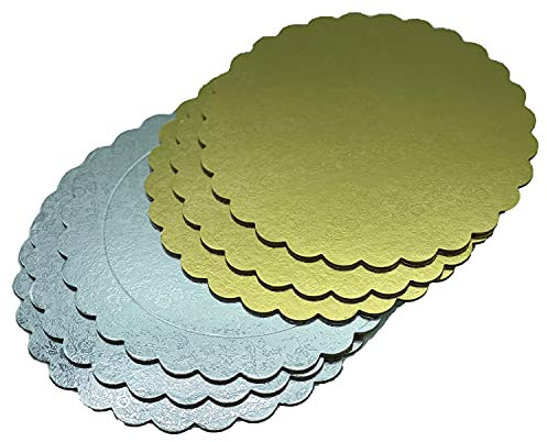 Cake Board Set Tortenunterlage in gold UND silber in 3 mm starker Pappe gemustert mit Zierrand gewellt gezack tin verschiedenen Mengen zum Servieren, Transportieren und Stapeln von Torten und Kuchen