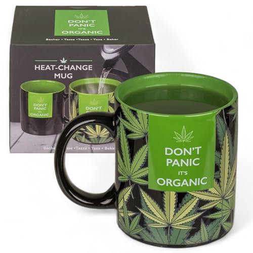 Kaffeebecher Kaffeetasse Teetasse Cannabis-Design hitzempfindlich, Hanf-Tasse Don't Panic it's Organic, Becher aus Keramik, reagiert auf Wärme, 350 ml, schwarz-grün