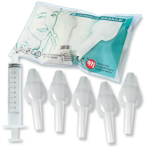 Set irrigatore nasale per LAVAGGIO NASALE, IGIENIZZABILE BY MARCO MALTONI, MADE IN EMILIA-ROMAGNA, 5 OLIVE NASALI SMALL e 1 SIRINGA da 10 ml