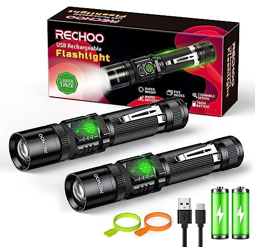 RECHOO Paquete de 2 linternas recargables, linterna táctica LED de alto lúmenes con doble interruptor, pequeñas luces de flash brillantes con 5 modos, zoom, impermeable IP65 para camping, senderismo,