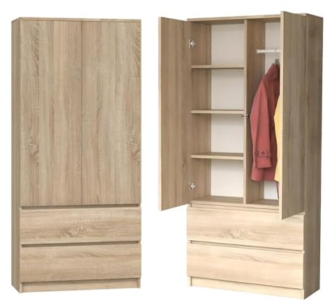 WHATSIZE ENTERPRISE - Modern Double Wardrobe with Drawers - 2 Door Cupboard Contemporary Bedroom Furniture - Sonoma