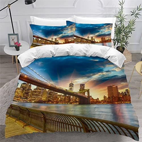 New York Bettwäsche 135x200 cm 4teilig Kinder Jungen Mädchen Manhattan Newyork Bettwäsche Set 3D Druck 4tlg Flauschig Mikrofaser Bettbezug Set mit 2 Kissenbezüge 80 x80