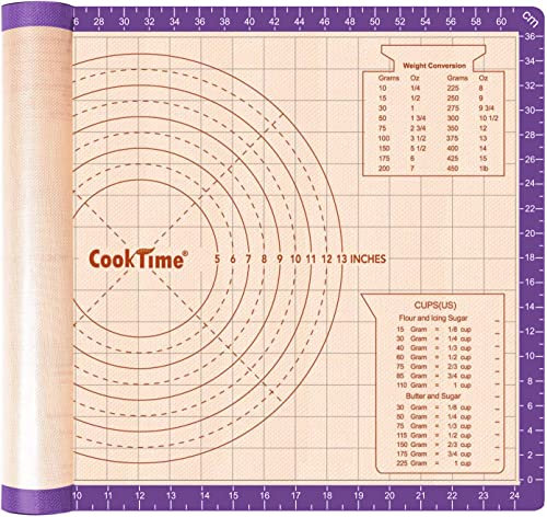 Cook Time - Alfombrilla de silicona para hornear pasteles, antiadherente, masa rodante grande con medidas, antideslizante, para pizza, fondant, pasteles, 66 x 40 cm (morado)