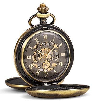 ManChDa Herren-Taschenuhr, klassisch, mechanisch, Handaufzug, Steampunk, römische Ziffern, Taschenuhr für Männer und Frauen, mit Kette + Geschenkbox, 1. Bronze, Antik