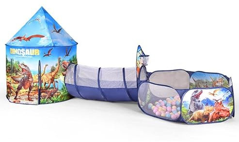 Floving 3 en 1 Kids Play Tienda Tunel de rastreo y Bola Hoyo Tienda de Playhouse Infantil con aro de Baloncesto, para Uso Interior y Exterior con Estuche portátil. (Dinosaur)