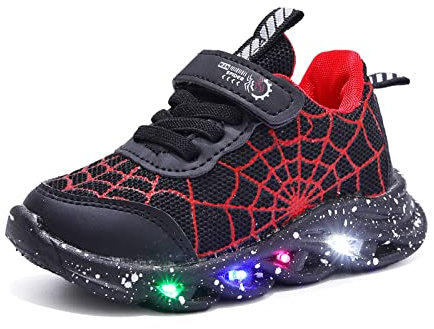 Fun Jungen schuhe,Kinder LED Leuchtende Schuhe Glänzende Blitzes schuhe Spider Spinnennetz Leichte Turnschuhe, Trainer Sports laufende Mesh schuhe,Kinder Sportschuhe(21-35) ( Color : Schwarz , Size :