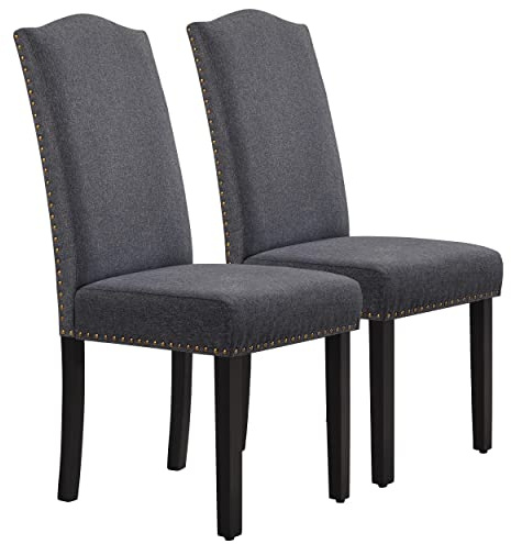 Yaheetech Lot de 2 Chaises de Salle à Manger Tissu Bois Massif Gris Foncé | Assise large et confortable, dossier haut rembourré, design classique avec boutons bronzés, capacité 136 kg, facile à monter