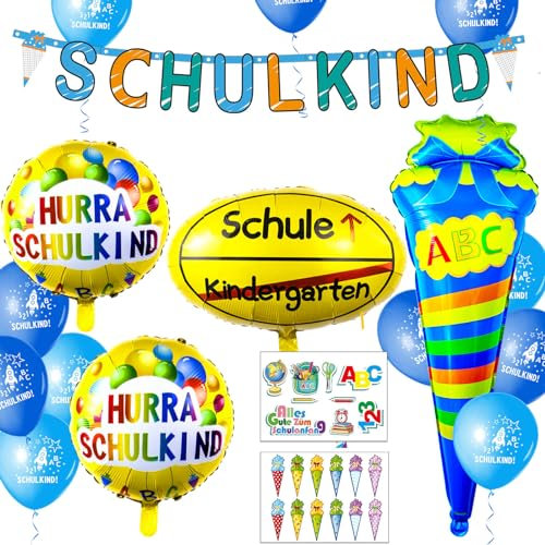 Einschulung Schuleinführung Deko Set für Jungen,SCHULKIND Banner + 2pcs HURRA SCHULKIND Folienballon + 18 Luftballon+Zuckertüte Folien Luftballons mit ABC+ 21 Konfetti Schulanfang schulkind Deko