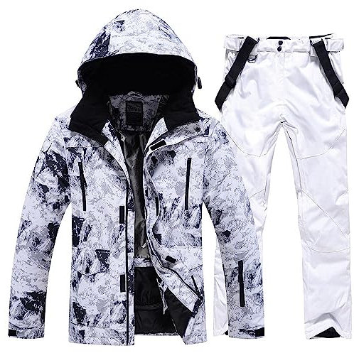 ALSOGO Herren Skianzug Ski Jacke und Hose Set Wasserdichter Schneeanzug Snowboard Jacke Hose Skikleidung Für Männer White M