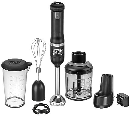 BLACK+DECKER Kitchen Wand Cordless Immersion Blender, 3 in 1 Multi Tool Set, Hand Blender with Charging Dock, Whisk and Food Chopper, Black (BCKM1013K10)