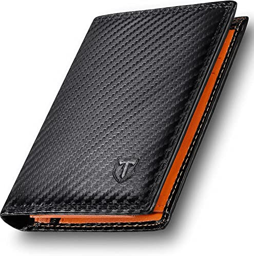 TEEHON Portafoglio uomo pelle di carbonio con blocco RFID, 13 scomparti per carte di credito, 1 portamonete, 1 scomparti per banconote, con tre lembi verticali - Nero e arancione