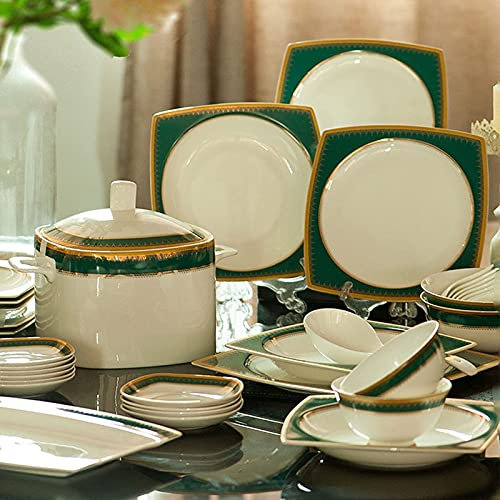Service de Vaisselle carré en grès Ensemble de Vaisselle en Porcelaine Phnom Penh Bone China 58 pièces, Service pour 6-10, Vert