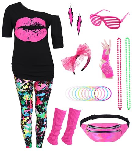 80er Jahre Outfit Damen 80 er Jahre Fasching Kostüm Zubehör Rosa Set mit Bauchtasche Haarband Ohrring Netzhandschuhe Gläser Armband Halskette Leggings Neon Kleidung Bad Taste Outfit Damen VL016M