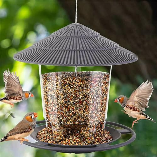 MoguGo Vogelfutterhaus, Futterhaus für Vögel Vogelfutterspender Vogelfutterstation zum Aufhängen Futterspender Wildvögel Hängend Kegelblume Vogel Futterhaus Wetterfest Balkon, Überdachtes - Grau