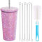 500ml Diamond Water Bottle Bling Stainless Steel Vacuum Thermal Straw Tumbler Rhinestone Tumbler with Brush Lid Glitter Diamond Studded Cups for Women Hot Coffee Cold Drinks (Pink)