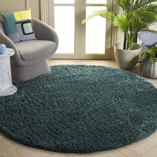 SAFAVIEH Fontana Shag 800 Collection Round Rug - 6'7 Round, Dark Green, Shag & Flokati Design, Ideal for High Traffic Areas in Living Room, Bedroom & Dining Room (FNT800Y-7R)