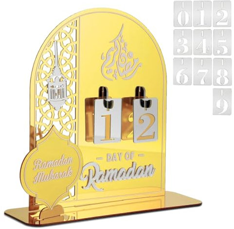 WAVATA Ramadan Kalender 2024,Ramadan Adventskalender,Countdown-Kalender Holz Eid Mubarak Kalender DIY Ramadan Dekoration Kinder 30 Tage Kalender für muslimische Ramadan Party Heimdekoration (Gold)