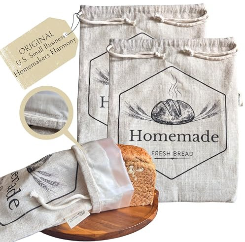 Bread Bags for Homemade Bread by HOMEMAKERS HARMONY | 2 Pack XL Organic Linen Sourdough Bread Bags | Reusable Bread Bags | Homemade Bread Storage | Linen Bread Bag | Bread Storage For Homemade Bread